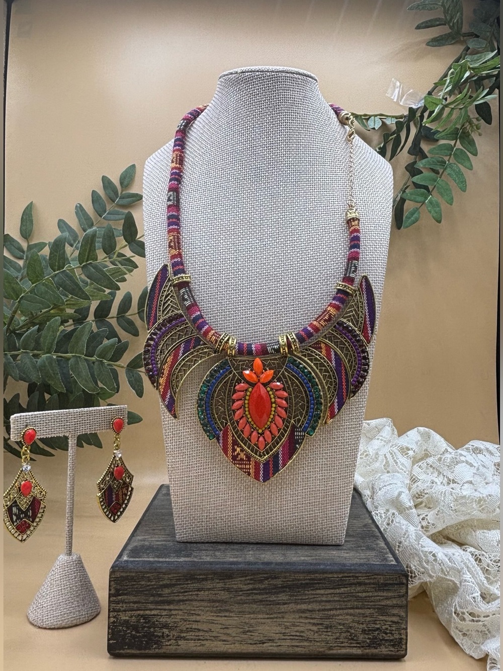 Boho Statement Necklace and Earring Set - Coral, Purple & Gold